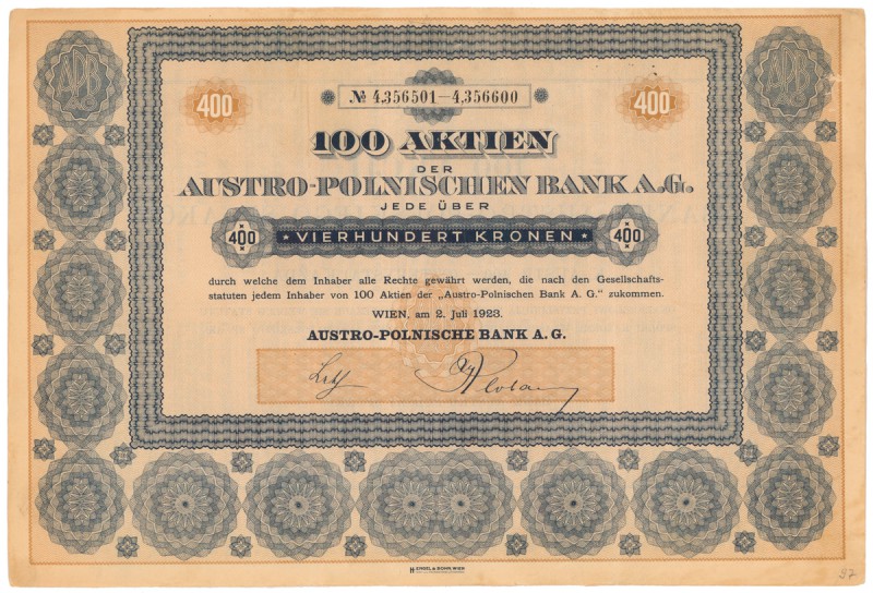 Bank Austro-Polski, 400 koron 1923
 Wymiary: 34.5 x 23.5 cm. 

More photos an...