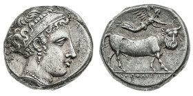 Monete Greche
Neapolis - Didramma databile al periodo 350-325 a.C. - Diritto: testa di ninfa a destra - Rovescio: toro androcefalo a destra, sormonta...