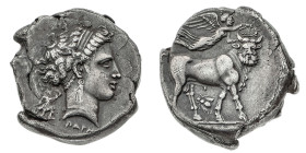 Monete Greche
Neapolis - Didramma databile al periodo 300-275 a.C. - Diritto: testa di ninfa a destra; a sinistra Artemide verso destra con una torci...