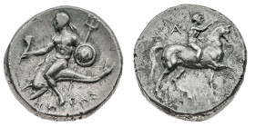 Monete Greche
Taranto - Didramma databile al periodo 280-272 a.C. - Diritto: giovane cavaliere incorona il cavallo al passo verso destra con un ramo ...