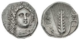 Monete Greche
Metaponto - Statere databile al periodo 330-290 a.C. - Diritto: testa di Demetra di tre quarti a destra - Rovescio: spiga di grano disp...