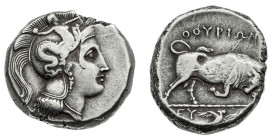 Monete Greche
Thurium - Dinomos databile al periodo 350-300 a.C. - Diritto: testa di Atena a destra con elmo attico crestato e ornato dal mostro Scil...