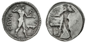Monete Greche
Caulonia - Nomos databile al periodo 525-500 a.C. - Diritto: Apollo in cammino verso destra tiene un ramo di alloro con la mano destra ...