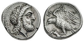 Monete Greche
Locri Epizephyrii - Statere databile al periodo 300-268 a.C. - Diritto: testa laureata di Zeus a destra - Rovescio: aquila in volo vers...
