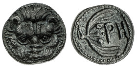 Monete Greche
Reggio - Obolo databile al perodo 415-387 a.C. - Diritto: protome di leone in posizione frontale - Rovescio: due foglie d'ulivo e lette...