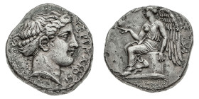 Monete Greche
Terina - Nomos databile al periodo 420-400 a.C. - Diritto: testa di ninfa a destra - Rovescio: la Nike seduta a sinistra su un'anfora t...
