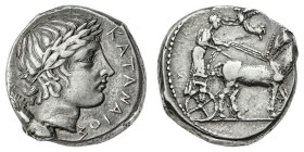 Monete Greche
Catania - Tetradramma firmato "Maestro della Foglia" databile al 430 a.C. circa - Diritto: quadriga al passo verso destra sovrastata da...