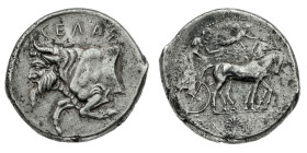 Monete Greche
Gela - Tetradramma databile al periodo 450-440 a.C. - Diritto: quadriga al passo verso destra, sormontata dalla Vittoria in volo nell'a...