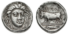 Monete Greche
Phistelia - Didramma databile al periodo 405-400 a.C. - Diritto: testa femminile di fronte - Rovescio: toro androposopo a sinistra; in ...