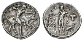 Monete Greche
Selinunte - Didramma databile al periodo 480-466 a.C. - Diritto: Eracle stante a destra nell'atto di colpire con una clava il toro cret...