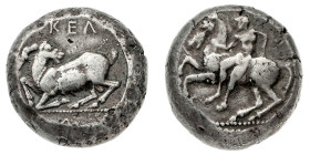 Monete Greche
Kelenderis - Tetradramma databile al periodo 450-400 a.C. - Diritto: guerriero nell'atto di smontare da cavallo - Rovescio: capra retro...