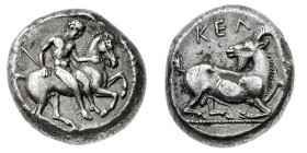 Monete Greche
Kelenderis - Statere databile al periodo 400-350 a.C. - Diritto: guerriero nell'atto di smontare da cavallo - Rovescio: capra retrospic...