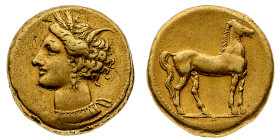 Monete Greche
Cartagine - Statere in elettro databile al periodo 310-270 a.C. - Diritto: testa di Persefone a sinistra con la capigliatura raccolta e...