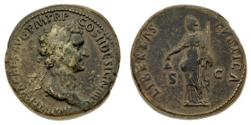 Monete Romane Imperiali
Sesterzio databile al 96 d.C. - Zecca: Roma - Diritto: testa laureata dell'Imperatore a destra - Rovescio: la Libertas stante...