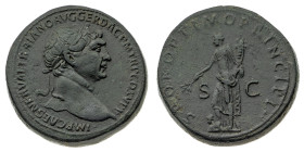 Monete Romane Imperiali
Sesterzio databile al periodo 103-111 d.C. - Zecca: Roma - Diritto: busto laureato dell'Imperatore a destra - Rovescio: la Pa...