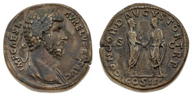 Monete Romane Imperiali
Sesterzio databile al 161 d.C. - Zecca: Roma - Diritto: testa laureata dell'Imperatore a destra - Rovescio: Marco Aurelio e L...