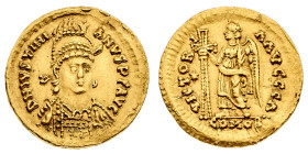 Gli Ostrogoti in Italia
Periodo di Atalarico (526-534) - Solido al nome e con l'effigie di Giustiniano I - Zecca: Roma - Diritto: busto corazzato di ...