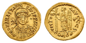 Monete Bizantine
Anastasio (491-518) - Solido databile al periodo 491-498 - Zecca: Costantinopoli - Diritto: mezzo busto elmato e diademato dell'Impe...