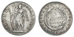 Antichi Stati italiani
5 Franchi Anno 10° - Zecca: Torino - Diritto: due figure allegoriche stanti con simboli della Rivoluzione Francese - Rovescio:...