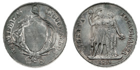 Antichi Stati italiani
8 Lire 1798 - Zecca: Genova - Diritto: stemma di Genova su fascio tra due rami di alloro e di palma - Rovescio: due figure all...