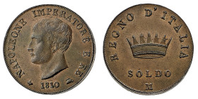 Antichi Stati italiani
Napoleone I Re d'Italia (1805-1814) - Soldo 1810 - Zecca: Milano - Diritto: effigie di Napoleone a sinistra - Rovescio: valore...