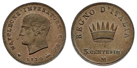 Antichi Stati italiani
Napoleone I Re d'Italia (1805-1814) - 3 Centesimi 1810 - Zecca: Milano - Diritto: effigie di Napoleone a sinistra - Rovescio: ...