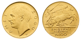 Europa

Albania

Amet Zogu (1925-1929) - 100 Franga Ari 1926 Prova NGC MS 63 - Zecca: Roma - Diritto: effigie del Re a sinistra - Rovescio: biga v...