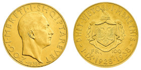 Europa

Albania

Amet Zogu (1925-1939) - 100 Franga Ari 1938 - Zecca: Roma - Diritto: effigie del Re a destra - Rovescio: stemma entro ricco padig...