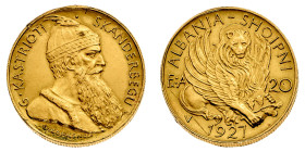 Europa

Albania

Amet Zogu (1925-1939) - 20 Franga Ari 1927 - Zecca: Vienna - Diritto: busto di Skanderbegu a destra - Rovescio: leone alato di fr...