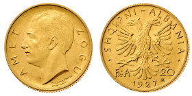 Europa

Albania

Amet Zogu (1925-1939) - 20 Franga Ari 1927 - Zecca: Roma - Diritto: effigie del Re a sinistra - Rovescio: aquila bicipite - gr. 6...