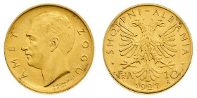Europa

Albania

Amet Zogu (1925-1939) - 10 Franga Ari 1927 - Zecca: Roma - Diritto: effigie del Re a sinistra - Rovescio: aquila bicipite - gr. 3...