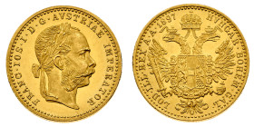 Europa

Austria

Franz Joseph I (1848-1916) - Ducato 1897 - Zecca: Vienna - Diritto: effigie laureata dell'Imperatore a destra - Rovescio: aquila ...