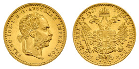 Europa

Austria

Franz Joseph I (1848-1916) - Ducato 1897 - Zecca: Vienna - Diritto: effigie laureata dell'Imperatore a destra - Rovescio: aquila ...