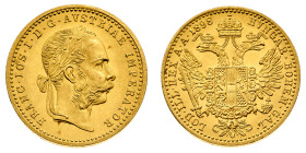 Europa

Austria

Franz Joseph I (1848-1916) - Ducato 1898 - Zecca: Vienna - Diritto: effigie laureata dell'Imperatore a destra - Rovescio: aquila ...