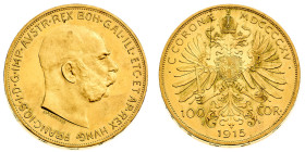 Europa

Austria

Franz Joseph I (1848-1916) - 100 Corone 1915 - Zecca: Vienna - Diritto: effigie dell'Imperatore a destra - Rovescio: aquila bicip...
