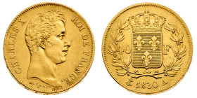 Europa

Francia

Charles X (1824-1830) - 40 Franchi 1830 - Zecca: Parigi - Diritto: effigie del Re a destra - Rovescio: stemma coronato entro due ...
