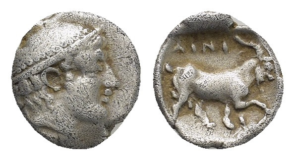 Thrace, Ainos AR Diobol. (12mm, 1,18 g) Circa 408-406 BC. Head of Hermes to righ...