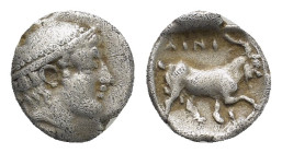 Thrace, Ainos AR Diobol. (12mm, 1,18 g) Circa 408-406 BC. Head of Hermes to right, wearing petasos / Goat walking to right; AINI above, crab below for...