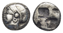 IONIA, Phokaia. Circa 521-478 BC. AR obol. (9mm, 1.1 g) Phokaic standard. Obv: Female head left, wearing helmet or close fitting cap. Rev: Quadriparti...