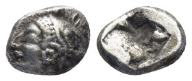 IONIA, Phokaia. Circa 521-478 BC. AR obol. (9mm, 1.23 g) Phokaic standard. Obv: Female head left, wearing helmet or close fitting cap. Rev: Quadripart...