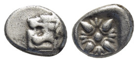 Ionia, Miletos AR Diobol ca 520-450 BC. (9mm, 1.1 g) Forepart of roaring lion to left head reverted Rev. Stellate pattern within incuse square