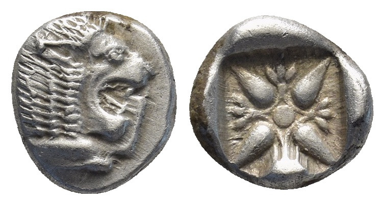 Ionia, Miletos AR Diobol ca 520-450 BC. (9mm, 1.1 g) Forepart of roaring lion to...