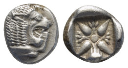 Ionia, Miletos AR Diobol ca 520-450 BC. (9mm, 1.1 g) Forepart of roaring lion to right head reverted Rev. Stellate pattern within incuse square