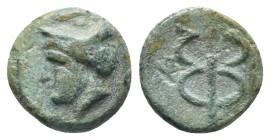 Ionia, Phokaia. Ae, (11mm, 1.4 g). 2nd century BC. Obv: Head of Hermes left, wearing petasos. Rev.: Monogram of Phokaia in form of caduceus.