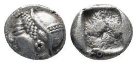 Ionia, Phokaia. AR Diobol (9mm, 1.2 g), c. 510-494 BC. Obv. Archaic female head to left, wearing earring and helmet or close fitting cap. Rev. Incuse ...