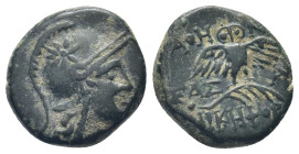 MYSIA. Pergamon. AE. (2nd-1st century BC). (3.1 Gr. 14mm.)
 Helmeted head of Athena right, helmet decorated with star.
 Rev. Owl, with wings spead, st...