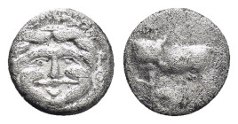 Mysia. Parion circa 400-350 BC. Hemidrachm AR (12mm, 2,23 g) Bull standing to left, head reverted; ΠA-PI above and below, round bowl or shield below /...