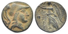 PAMPHYLIA. Side. AE (3rd/2nd centuries BC). (2.3 Gr. 15mm.)
Head of Athena right, wearing Corinthian helmet.
 Rev. Nike advancing left, holding palm f...
