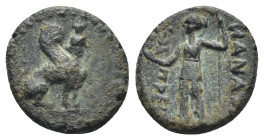 PAMPHYLIA.Perge.(260-230 BC).Ae. (13mm, 2.0 g) Obv : Sphinx with curved wings seated to right, wearing kalatho. Rev : ΠPEIIAΣ ИANAΨAΣ. Artemis standin...