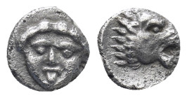 Pamphylia, Aspendos, c. 420-360 BC. AR Hemiobol (7mm, 0.4 g). Facing gorgoneion. R/ Lion’s head r.